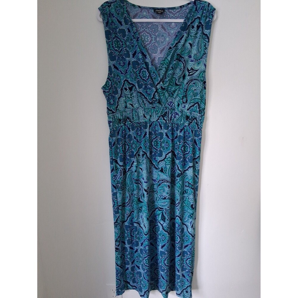 Simply Emma Teal & Multi-Paisley Sleeveless Pullover Maxi Dress Size 1X hemmed